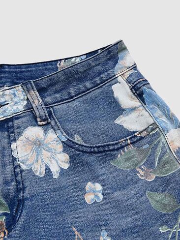 Flamingals High Waisted Bermuda Shorts for Women Knee Length Floral Print Stretchy Summer Denim Shorts Trendy in Kuwait