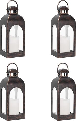 Decor Modern Farmhouse Lantern Decor Set of 4, Black Metal Candle Lanterns, Wooden Lanterns Decorative w/Timer & Remote-Controlled Flickering Candles for Home, Indoor, Table, Fireplace Mantle Décor in Saudi Arabia