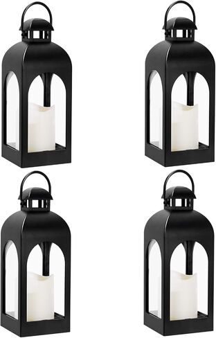 Decor Modern Farmhouse Lantern Decor Set of 4, Black Metal Candle Lanterns, Wooden Lanterns Decorative w/Timer & Remote-Controlled Flickering Candles for Home, Indoor, Table, Fireplace Mantle Décor in Saudi Arabia