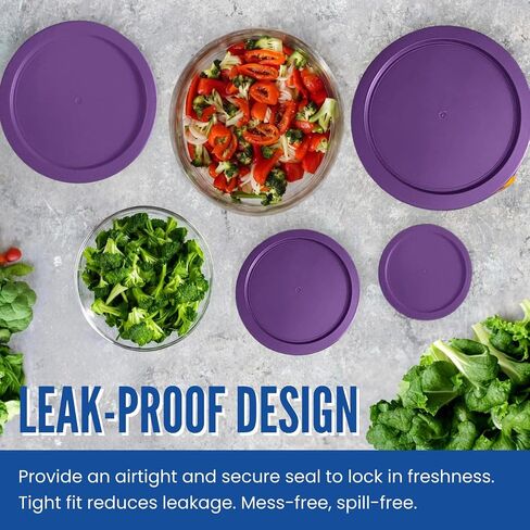 Replacement Lids for Pyrex 4-Cup Glass Food Storage Container Bowls, 6-Inch Plastic Round Lids Covers fits Pyrex 7201-PC, Airtight & Leakproof (4-Pack, Purple) in Kuwait