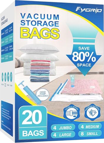16 Pack Vacuum Storage Bags with Hand Pump, 4 Jumbo + 4 Large + 4 Medium + 4 Small Plastic Packaging Bags, 80% Space Saver Vacuum Seal Bags for Clothing, Travel Lugggage, Blankets, Comforters in Kuwait