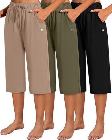 Neer 3 Pack Women's Capri Pants, Cotton Wide Leg Basic Sweatpants Lounge Loose Fit Casual Drawstring Yoga Capris with Pockets(Black, Mocha, Dark Gray,XX-Large) in Kuwait