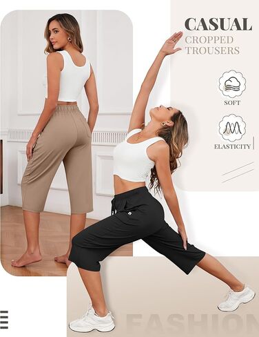 Neer 3 Pack Women's Capri Pants, Cotton Wide Leg Basic Sweatpants Lounge Loose Fit Casual Drawstring Yoga Capris with Pockets(Black, Mocha, Dark Gray,XX-Large) in Kuwait