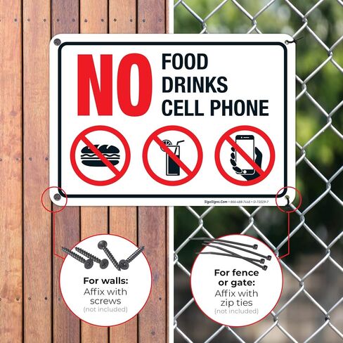 No Food, Drinks, Or Cell Phone Sign, 10x7 Inches, 55 mil Thick HDPS (high Density polystyrene), Made in USA in Kuwait