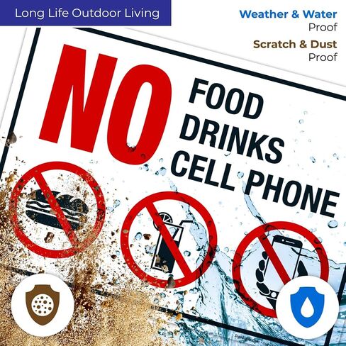No Food, Drinks, Or Cell Phone Sign, 10x7 Inches, 55 mil Thick HDPS (high Density polystyrene), Made in USA in Kuwait