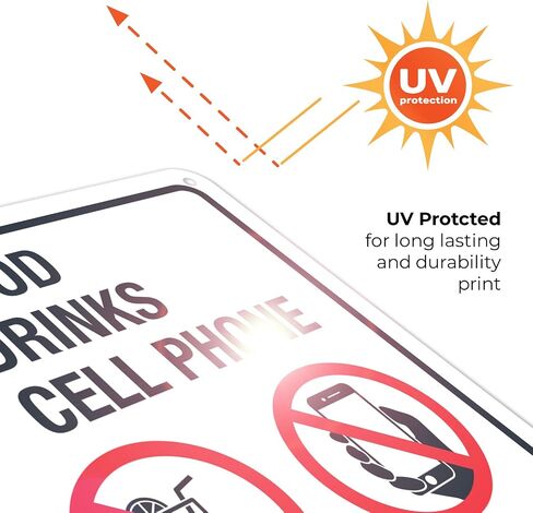 No Food, Drinks, Or Cell Phone Sign, 10x7 Inches, 55 mil Thick HDPS (high Density polystyrene), Made in USA in Kuwait
