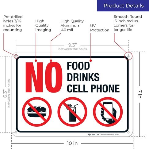 No Food, Drinks, Or Cell Phone Sign, 10x7 Inches, 55 mil Thick HDPS (high Density polystyrene), Made in USA in Kuwait
