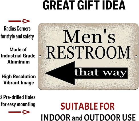 Men's Restroom Metal Sign – 8x12 Inch Bathroom Decor with Left Arrow – Durable Aluminum for Home, Pool, Wedding, or Restaurant Use in Kuwait