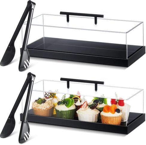 2 Pcs Rectangular Cake Stand Serving Tray with Lid and 9'' Serving Tong Acrylic Pastry Display Case 14 x 6 x 4 Inches Black Clear Platter Dessert Holder for Pastries Decorative Centerpiece in Kuwait