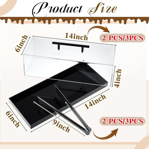 2 Pcs Rectangular Cake Stand Serving Tray with Lid and 9'' Serving Tong Acrylic Pastry Display Case 14 x 6 x 4 Inches Black Clear Platter Dessert Holder for Pastries Decorative Centerpiece in Kuwait