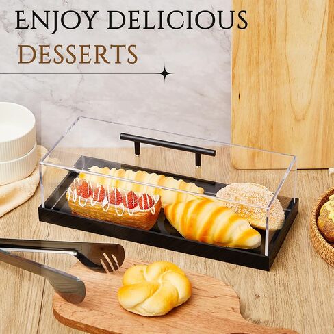 2 Pcs Rectangular Cake Stand Serving Tray with Lid and 9'' Serving Tong Acrylic Pastry Display Case 14 x 6 x 4 Inches Black Clear Platter Dessert Holder for Pastries Decorative Centerpiece in Kuwait