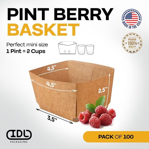 IDL Pinting Berry Berky ، Brown (حزمة من 100) - حاويات من الورق المقوى القوية والمؤسسة للأغذية لتجميد أو تخزين الفواكه الصغيرة - مستلزمات سوق المزارعين المثالية in Kuwait