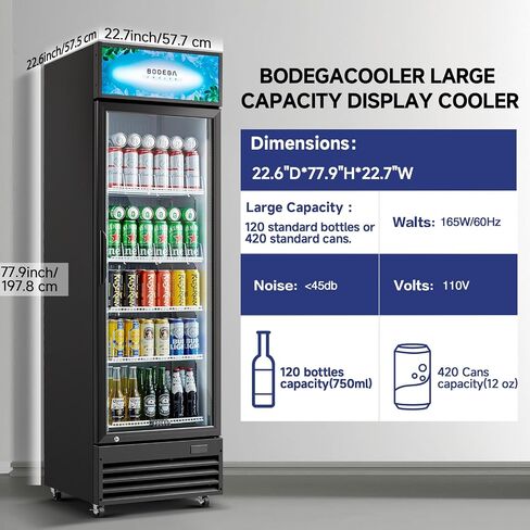 Bodegacooler Beverage Beverage Beverage ، 12.5 Cu. ثلاجة تاجر تجاري سوداء سوداء ، أرفف مصباح LED/قابلة للتعديل ، ثلاجة عرض كبيرة مستقيمة للمطبخ/المكتب/المنزل/المرآب. in Kuwait
