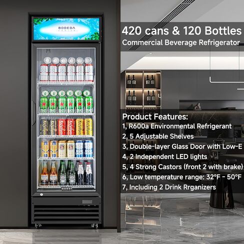 Bodegacooler Beverage Beverage Beverage ، 12.5 Cu. ثلاجة تاجر تجاري سوداء سوداء ، أرفف مصباح LED/قابلة للتعديل ، ثلاجة عرض كبيرة مستقيمة للمطبخ/المكتب/المنزل/المرآب. in Kuwait