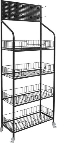 4 Tier Retail Display Rack Stand, Snack Candy Display Organizer with Locking Caster Wheels Adjustable Feet and 10 Hooks, 60in-Height Basket Stand Cart Storage Shelf (Black W/Wheels) in Kuwait