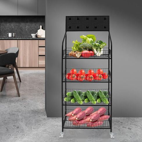 4 Tier Retail Display Rack Stand, Snack Candy Display Organizer with Locking Caster Wheels Adjustable Feet and 10 Hooks, 60in-Height Basket Stand Cart Storage Shelf (Black W/Wheels) in Kuwait