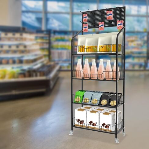 4 Tier Retail Display Rack Stand, Snack Candy Display Organizer with Locking Caster Wheels Adjustable Feet and 10 Hooks, 60in-Height Basket Stand Cart Storage Shelf (Black W/Wheels) in Kuwait