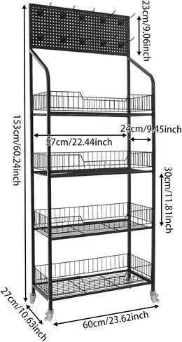 4 Tier Retail Display Rack Stand, Snack Candy Display Organizer with Locking Caster Wheels Adjustable Feet and 10 Hooks, 60in-Height Basket Stand Cart Storage Shelf (Black W/Wheels) in Kuwait