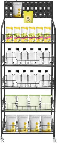 4 Tier Retail Display Rack Stand, Snack Candy Display Organizer with Locking Caster Wheels Adjustable Feet and 10 Hooks, 60in-Height Basket Stand Cart Storage Shelf (Black W/Wheels) in Kuwait