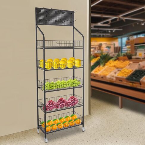 4 Tier Retail Display Rack Stand, Snack Candy Display Organizer with Locking Caster Wheels Adjustable Feet and 10 Hooks, 60in-Height Basket Stand Cart Storage Shelf (Black W/Wheels) in Kuwait