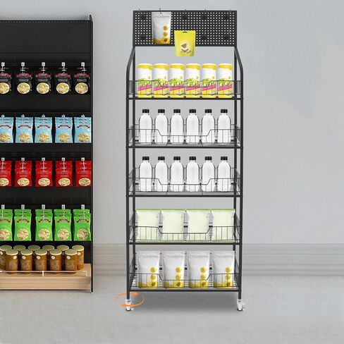 4 Tier Retail Display Rack Stand, Snack Candy Display Organizer with Locking Caster Wheels Adjustable Feet and 10 Hooks, 60in-Height Basket Stand Cart Storage Shelf (Black W/Wheels) in Kuwait