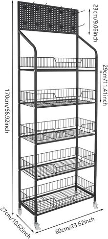 4 Tier Retail Display Rack Stand, Snack Candy Display Organizer with Locking Caster Wheels Adjustable Feet and 10 Hooks, 60in-Height Basket Stand Cart Storage Shelf (Black W/Wheels) in Kuwait