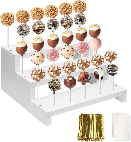 2Pcs Wood Cake Pop Stand, White Lollipop Holder 3 Tier with Twist Ties Lollipop Sticks, 17 Holes Sucker Display Riser for Dessert Table of Wedding Birthday Party in Kuwait