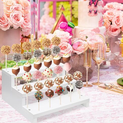 2Pcs Wood Cake Pop Stand, White Lollipop Holder 3 Tier with Twist Ties Lollipop Sticks, 17 Holes Sucker Display Riser for Dessert Table of Wedding Birthday Party in Kuwait