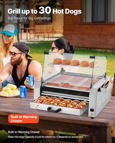 vevor Hot Dog Roller ، 30 Hot Dog 11 browners ، طباخ شواية السجق الفولاذ المقاوم للصدأ ، آلة Hot Dog 1950W مع دفء الكعكة ، غطاء ، 3 مراقبة مؤقتة ، صندوق تخزين جانبي ، صينية بالتنقيط بالزيت ، للمنزل والتجاري in Kuwait