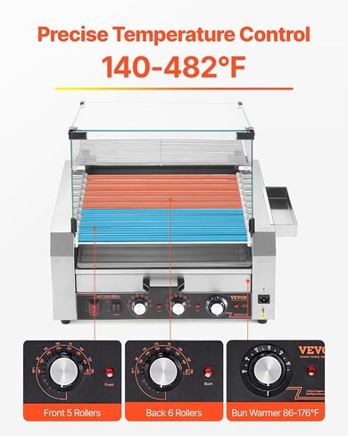 vevor Hot Dog Roller ، 30 Hot Dog 11 browners ، طباخ شواية السجق الفولاذ المقاوم للصدأ ، آلة Hot Dog 1950W مع دفء الكعكة ، غطاء ، 3 مراقبة مؤقتة ، صندوق تخزين جانبي ، صينية بالتنقيط بالزيت ، للمنزل والتجاري in Kuwait