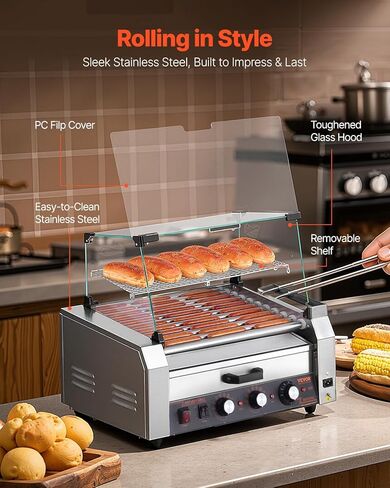 vevor Hot Dog Roller ، 30 Hot Dog 11 browners ، طباخ شواية السجق الفولاذ المقاوم للصدأ ، آلة Hot Dog 1950W مع دفء الكعكة ، غطاء ، 3 مراقبة مؤقتة ، صندوق تخزين جانبي ، صينية بالتنقيط بالزيت ، للمنزل والتجاري in Kuwait