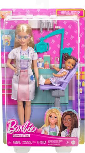 Barbie Dentist with Brunette Fashion Doll with Blue Dress and Lab Coat, 1 Kid Doll, Medical Doctor Furniture & Accessories in Saudi Arabia