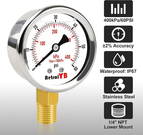 0-60 PSI مقياس الضغط المليء بالجليرين ، مقياس 2 بوصة ، الفولاذ المقاوم للصدأ ، 1/4 بوصة جبل ، مقياس ضغط 400 كيلو باسكال لمضخة البليار in Kuwait