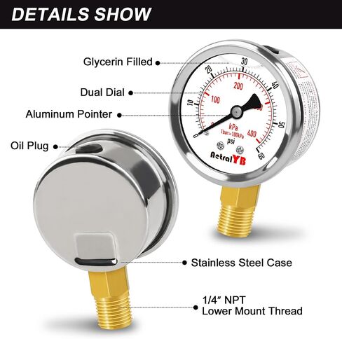 0-60 PSI مقياس الضغط المليء بالجليرين ، مقياس 2 بوصة ، الفولاذ المقاوم للصدأ ، 1/4 بوصة جبل ، مقياس ضغط 400 كيلو باسكال لمضخة البليار in Kuwait