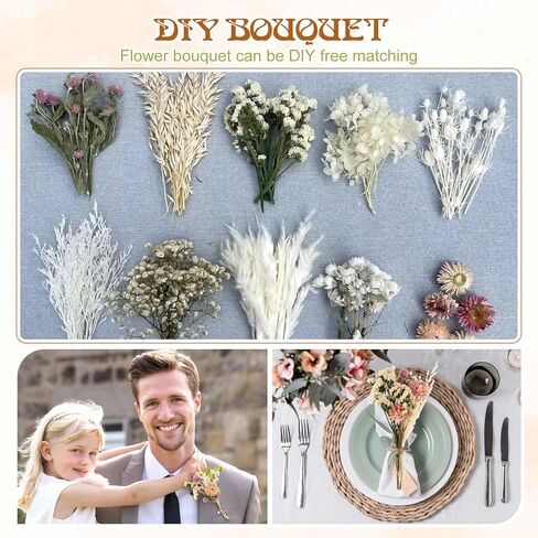 11 Kinds of Dried Flowers for Crafts Bulk DIY Natural Multi-color Dried Pampas Grass Lavender Forget Me Not Babys Breath with Stems Dry Flower Bouquets with Hemp Rope for Home Decor Floral Arrangement in Kuwait