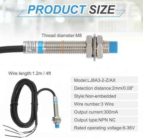 MECCANIXITY Inductive Proximity Sensor,NPN NC M8 DC 6-36V 300mA Proximity Switch Detector Approach Sensor 2mm 3 Wire for Industrial Automation LJ8A3-2-Z/AX in Saudi Arabia