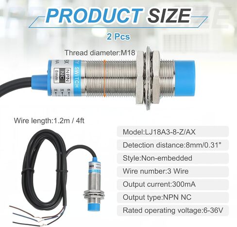 MECCANIXITY Inductive Proximity Sensor,NPN NC M18 DC 6-36V 300mA Proximity Switch Detector Approach Sensor 8mm 3 Wire for Industrial Automation LJ18A3-8-Z/AX in Saudi Arabia