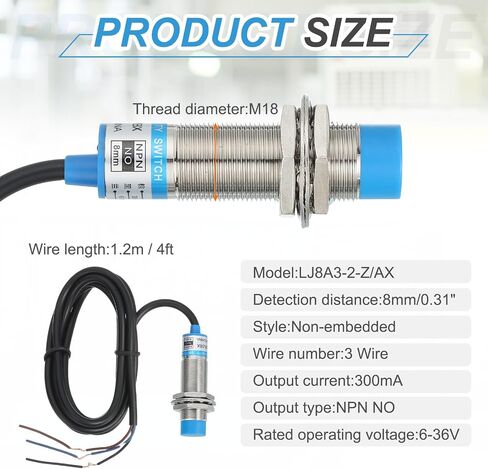 MECCANIXITY Inductive Proximity Sensor,NPN NC M18 DC 6-36V 300mA Proximity Switch Detector Approach Sensor 8mm 3 Wire for Industrial Automation LJ18A3-8-Z/AX in Saudi Arabia