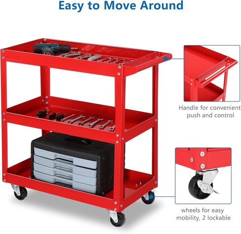 Tuffiom 3 Tier Rolling Tool Cart ، سعة 330 رطلاً ، حمراء ، 3 رفوف سلة مرافق الصلب للمرآب ، ورشة عمل ، مستودع ومتجر إصلاح in Kuwait