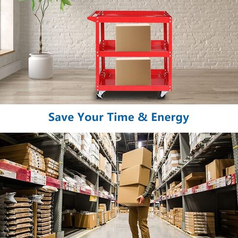 Tuffiom 3 Tier Rolling Tool Cart ، سعة 330 رطلاً ، حمراء ، 3 رفوف سلة مرافق الصلب للمرآب ، ورشة عمل ، مستودع ومتجر إصلاح in Kuwait