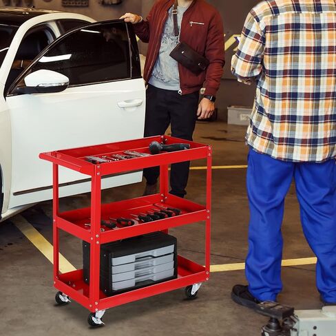 Tuffiom 3 Tier Rolling Tool Cart ، سعة 330 رطلاً ، حمراء ، 3 رفوف سلة مرافق الصلب للمرآب ، ورشة عمل ، مستودع ومتجر إصلاح in Kuwait