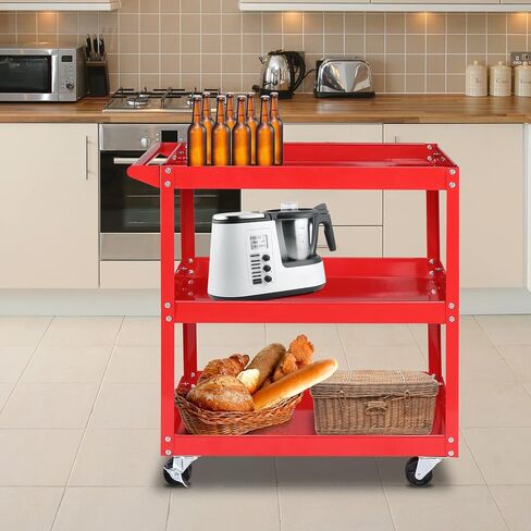 Tuffiom 3 Tier Rolling Tool Cart ، سعة 330 رطلاً ، حمراء ، 3 رفوف سلة مرافق الصلب للمرآب ، ورشة عمل ، مستودع ومتجر إصلاح in Kuwait