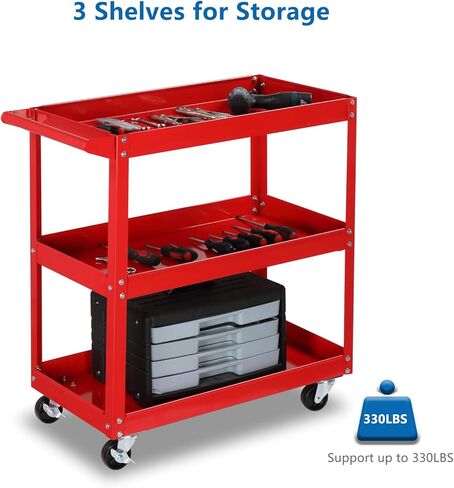 Tuffiom 3 Tier Rolling Tool Cart ، سعة 330 رطلاً ، حمراء ، 3 رفوف سلة مرافق الصلب للمرآب ، ورشة عمل ، مستودع ومتجر إصلاح in Kuwait