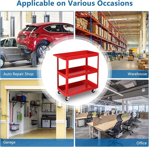 Tuffiom 3 Tier Rolling Tool Cart ، سعة 330 رطلاً ، حمراء ، 3 رفوف سلة مرافق الصلب للمرآب ، ورشة عمل ، مستودع ومتجر إصلاح in Kuwait