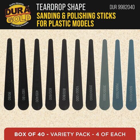 Dura-Gold Sanding Sticks and Polishing Sticks for Plastic Models, Pack of 40-4 Each of 10 Grits, Coarse 80 to Ultra-Fine 7000 Grit, Water Drop Style - Sand Wood Metal Auto Detailing, Hobby Sandpaper in Kuwait