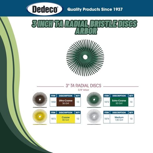 Dedeco Sunburst Radial Bristle Discs 10-Pack - 3" Angled - Green 50 Grit (Extra-Coarse) - Aluminum Oxide for Polishing & Finishing in Kuwait