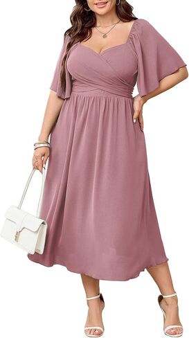 Women's Plus Size Midi Dress Sweetheart Neck Short Sleeve Wedding Guest Cocktail A Line Flowy Dress in Kuwait
