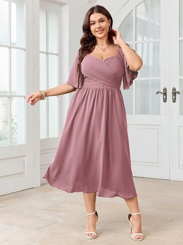 Women's Plus Size Midi Dress Sweetheart Neck Short Sleeve Wedding Guest Cocktail A Line Flowy Dress in Kuwait