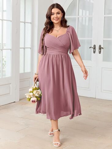 Women's Plus Size Midi Dress Sweetheart Neck Short Sleeve Wedding Guest Cocktail A Line Flowy Dress in Kuwait