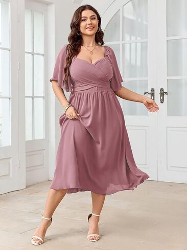 Women's Plus Size Midi Dress Sweetheart Neck Short Sleeve Wedding Guest Cocktail A Line Flowy Dress in Kuwait